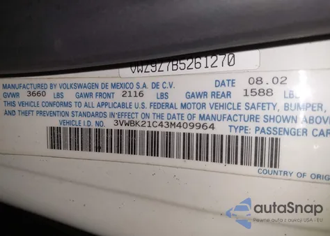 2003 Volkswagen New Beetle Gl z USA, uszkodzony, nr VIN 3VWBK21C43M409964